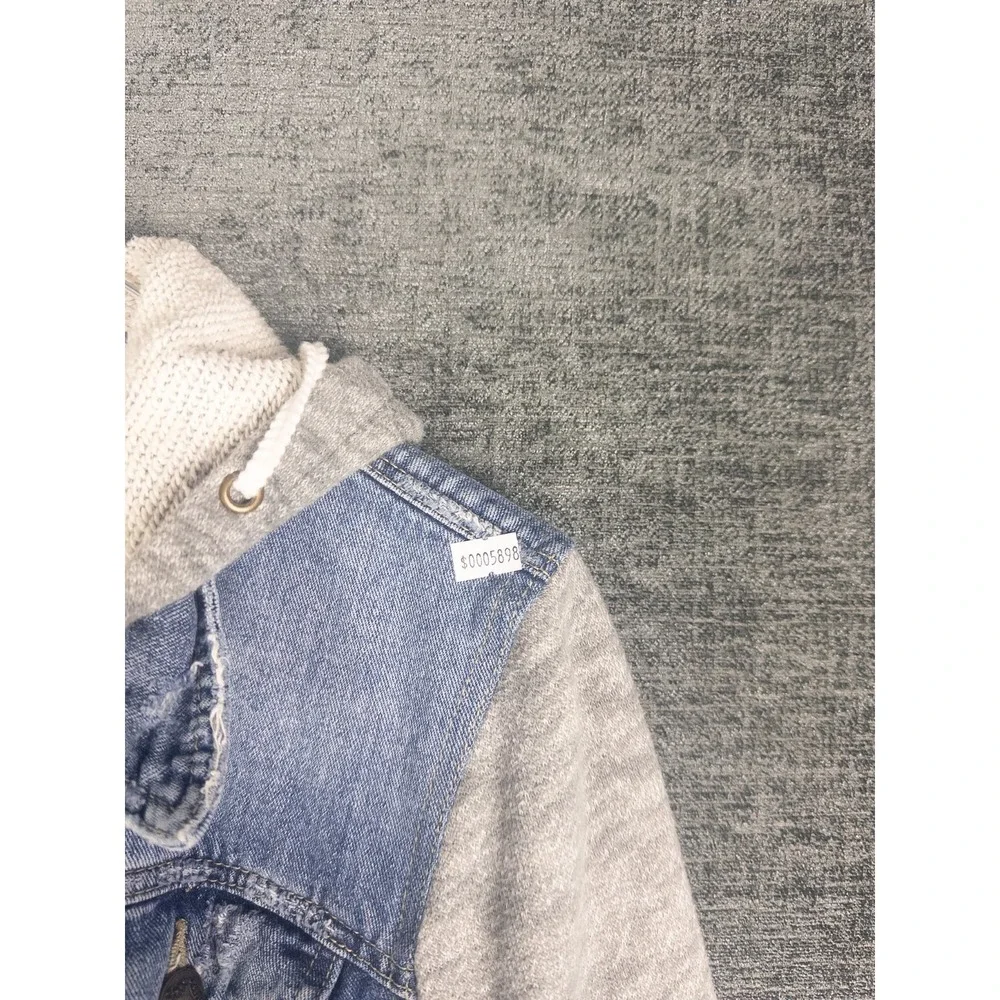 Free People Denim Jacket Womens M Blue Hooded Knit Indie Wash Casual Cotton - Picture 8 of 8